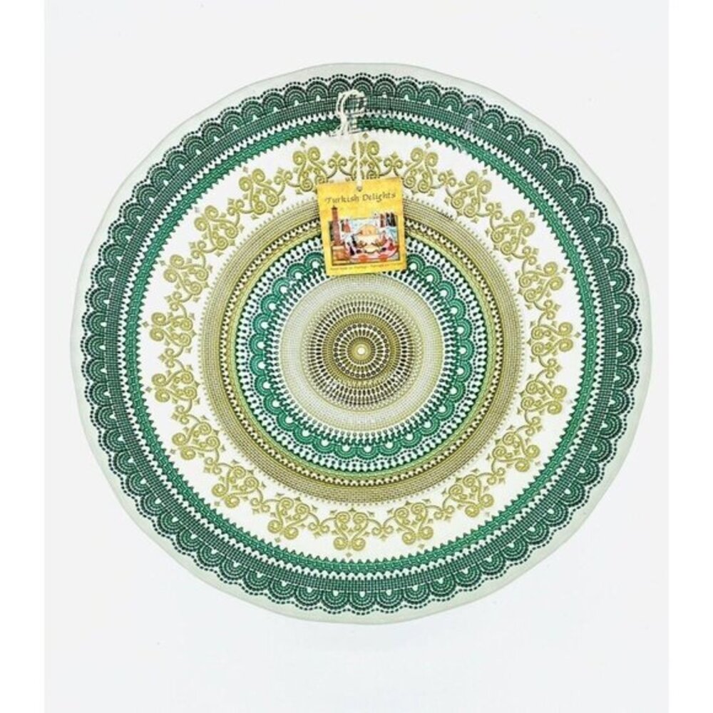 Turkish Delights Glass Bowl Serving Salad Dinner Green Gold Handmade 11.75” NWT